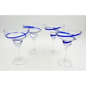 Pier 1 Cobalt Blue Swirline Hand Blown 7 In Margarita Glasses Set of 4 Vintage